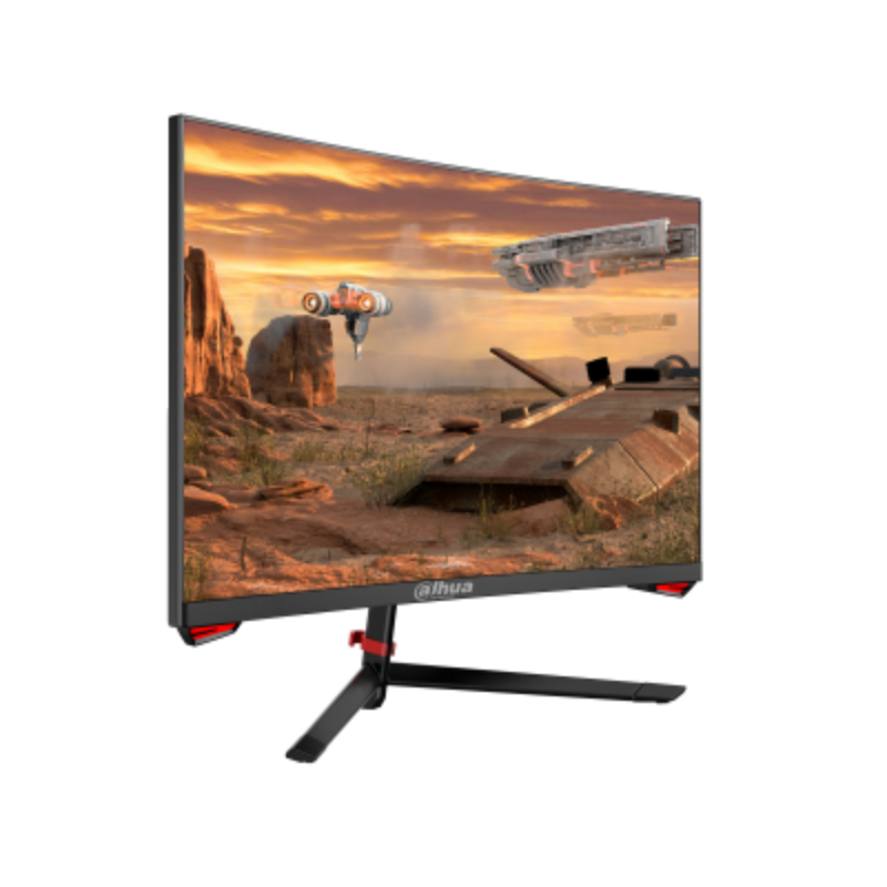 Gaming monitor with a landscape and spaceship scene on the screen