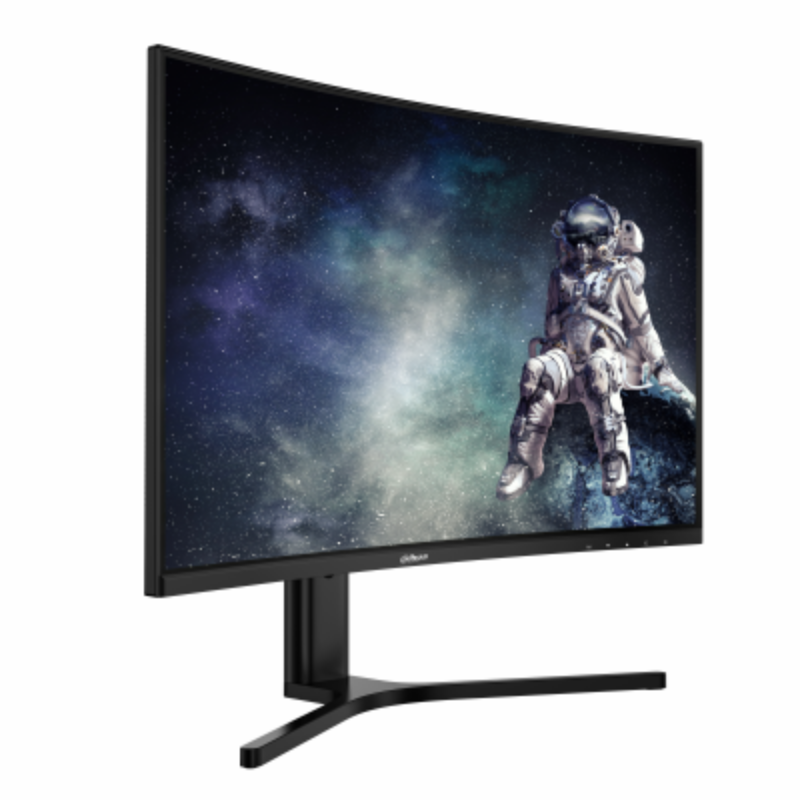 Curved monitor displaying an astronaut on a space-themed wallpaper