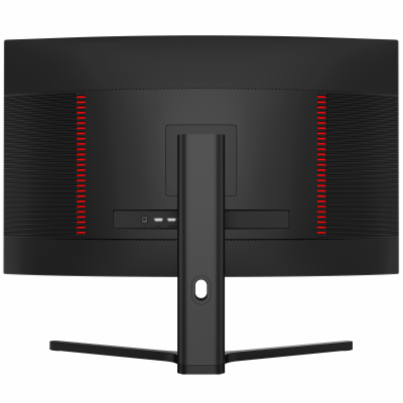 Gaming monitor with curved screen and red LED lights on a white background