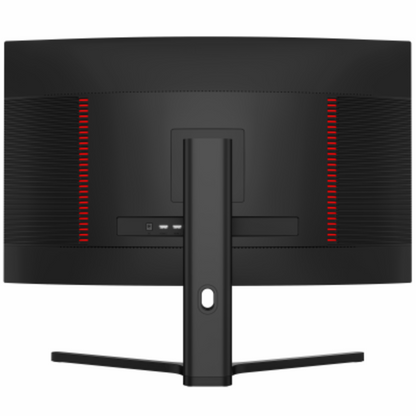 Gaming monitor with curved screen and red LED lights on a white background