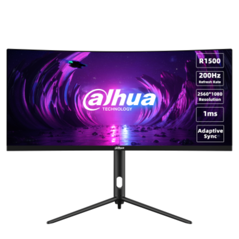 Dahua monitor with curved screen and specifications on a white background