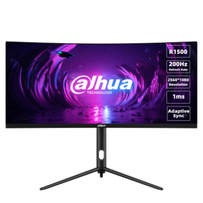 Dahua monitor with curved screen and specifications on a white background