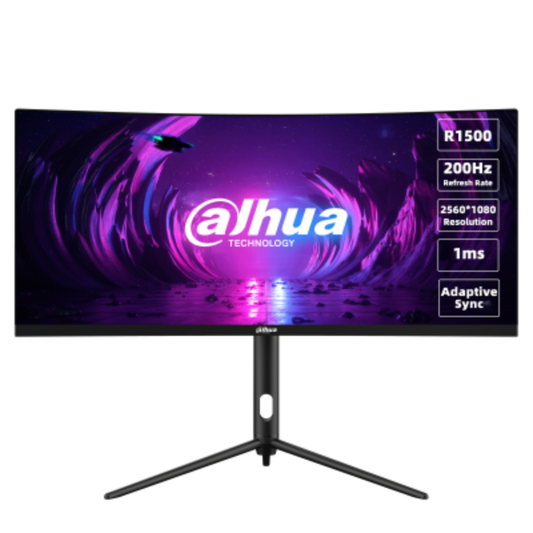 Dahua monitor with curved screen and specifications on a white background
