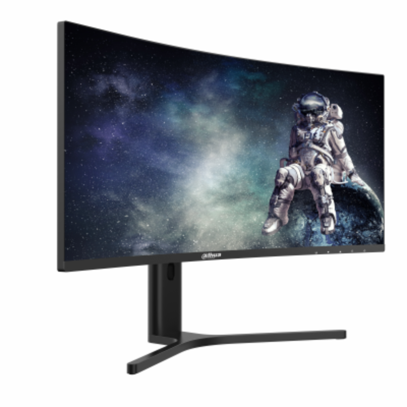 Curved monitor with an astronaut and starry space background on a white background