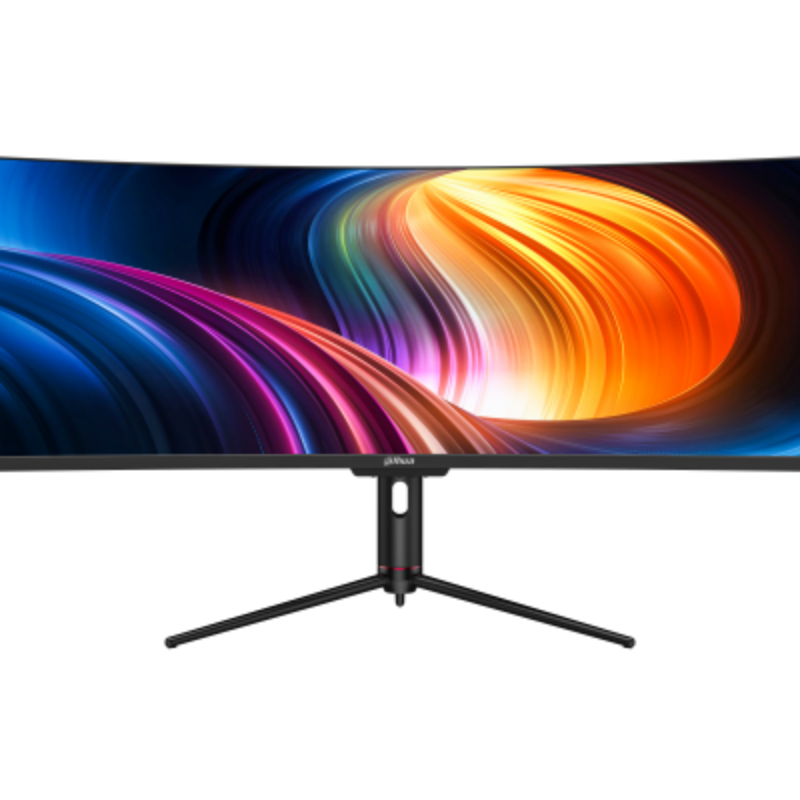 Curved monitor with colorful abstract design on the screen, on a white background