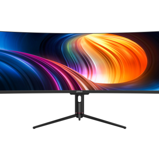 Curved monitor with colorful abstract design on the screen, on a white background