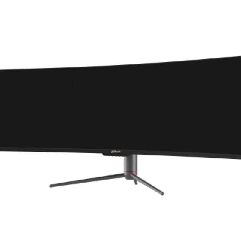 Curved computer monitor with a black screen on a white background