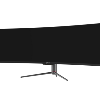 Curved computer monitor with a black screen on a white background