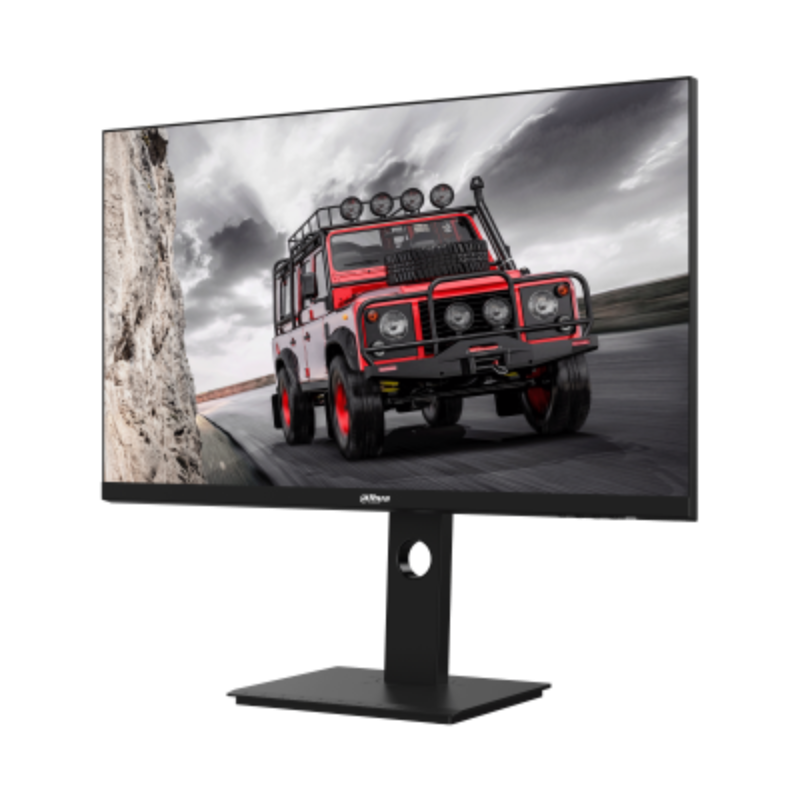 Monitor displaying an image of a red off-road vehicle on a white background