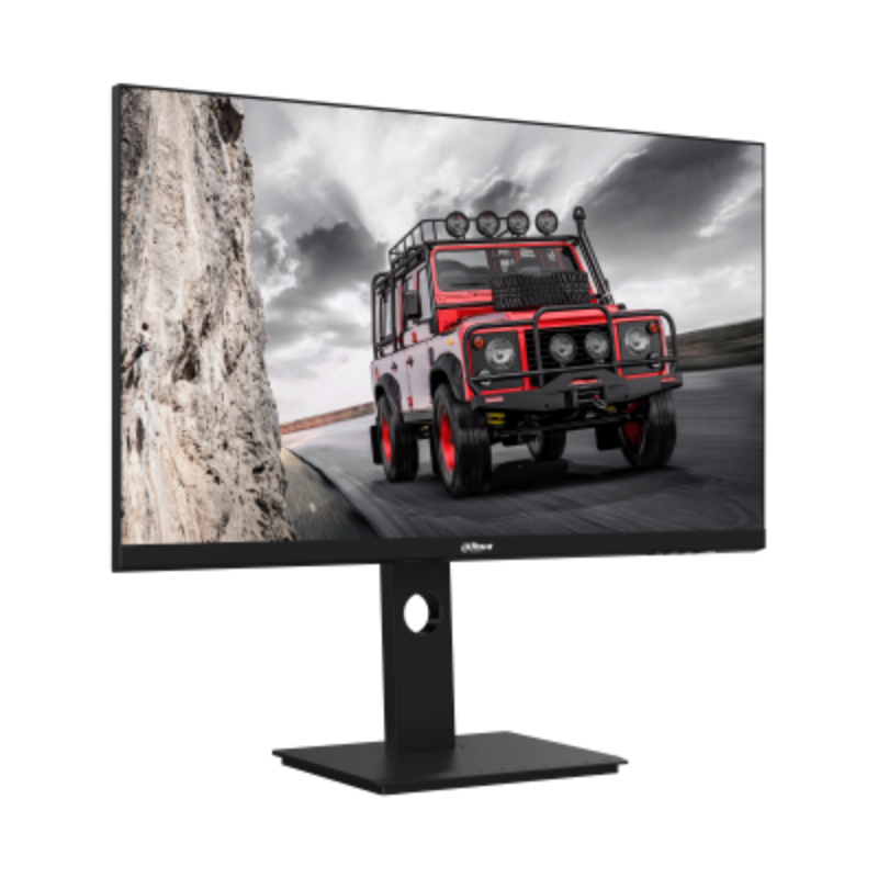 Monitor displaying an image of a red off-road vehicle on a road with a mountainous background.