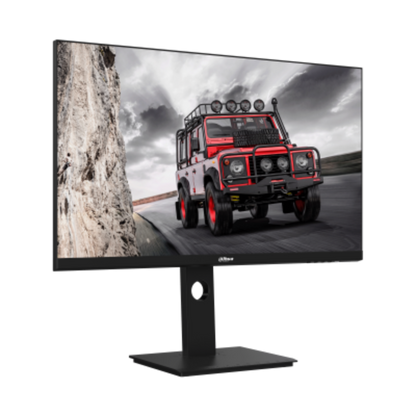 Monitor displaying an image of a red off-road vehicle on a road with a mountainous background.