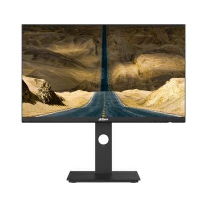 Monitor displaying a desert road scene with a brand logo at the bottom.