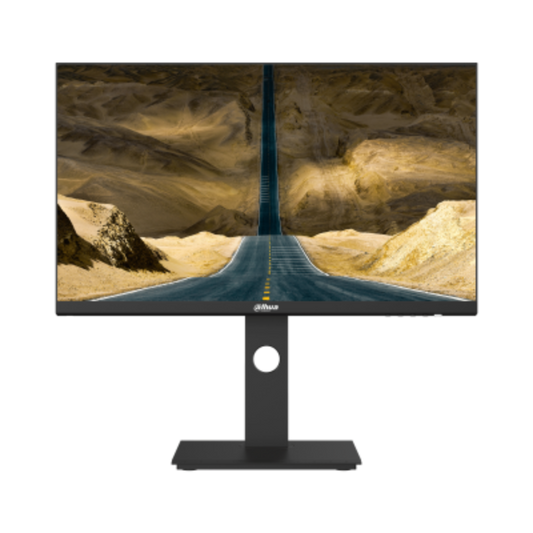 Monitor displaying a desert road scene with a brand logo at the bottom.