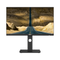 Monitor displaying a desert road scene with a brand logo at the bottom.