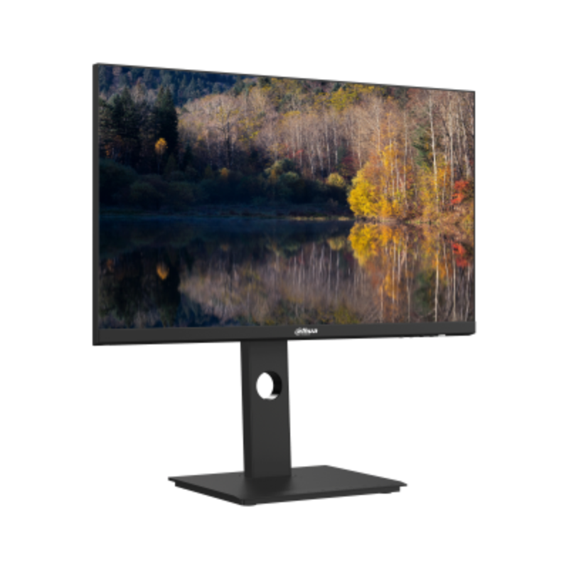 Monitor displaying a nature scene with a black stand on a white background