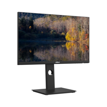 Monitor displaying a nature scene with a black stand on a white background