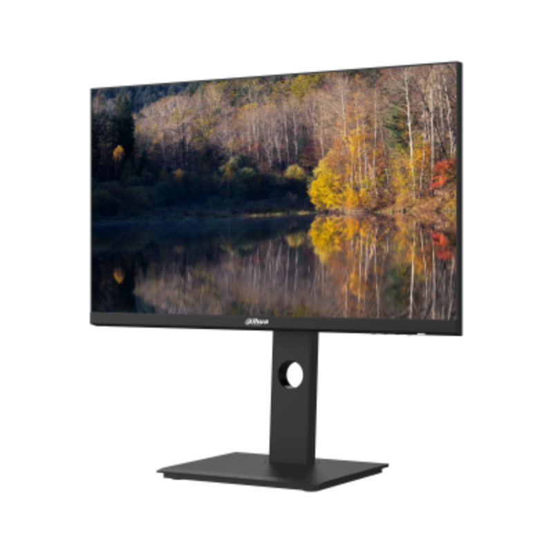 Monitor displaying a nature scene with a black stand on a white background