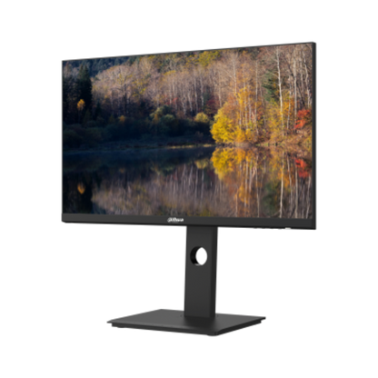 Monitor displaying a nature scene with a black stand on a white background