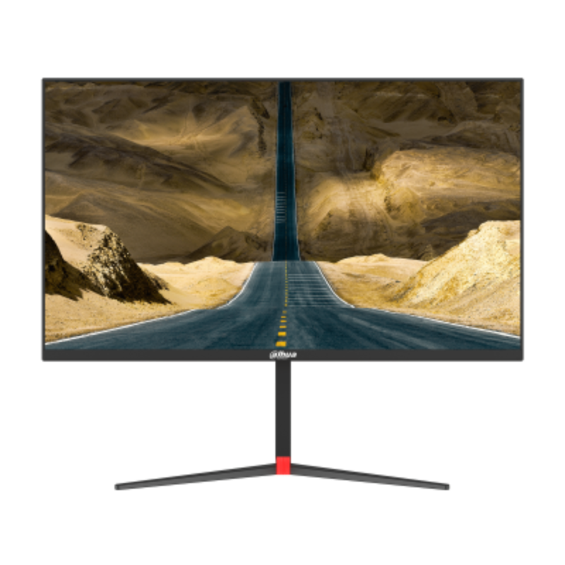 Gaming monitor displaying a mountainous landscape with a road.