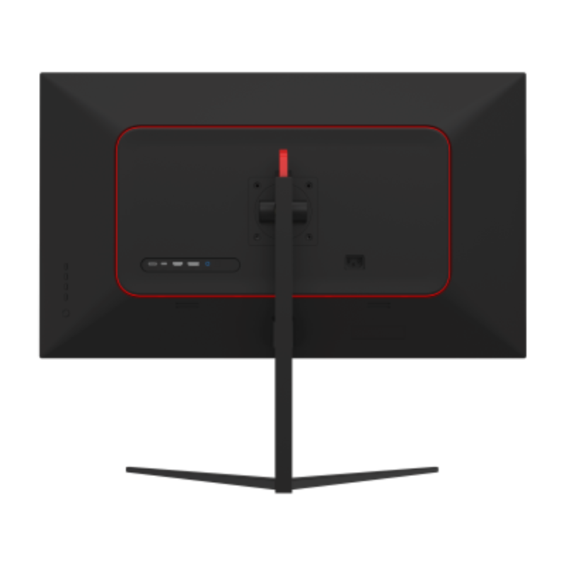 Black computer monitor with red accents on a white background