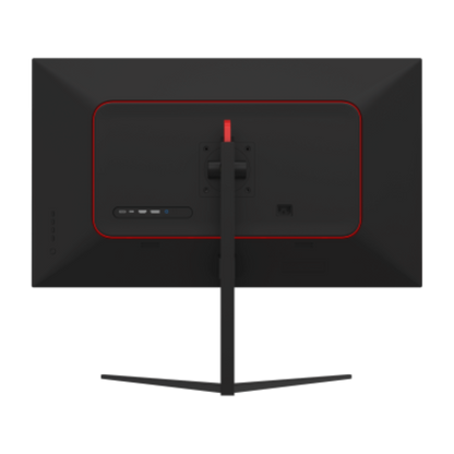 Black computer monitor with red accents on a white background