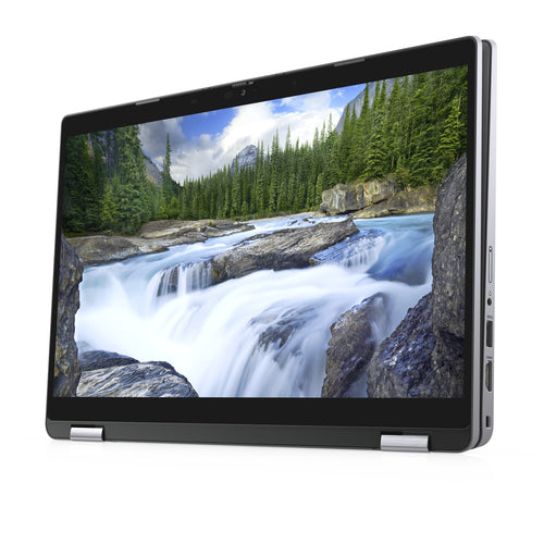 Laptop displaying a scenic wallpaper of a waterfall and forest on a white background