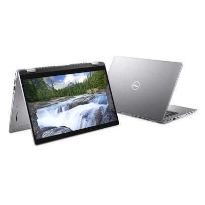 Two Dell laptops, one open showing a nature scene, on a white background