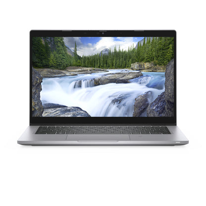 Laptop displaying a scenic wallpaper of a waterfall on a white background