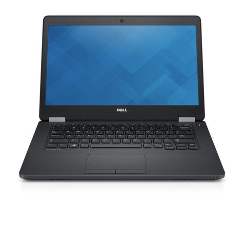 Black Dell laptop with blue screen on a white background