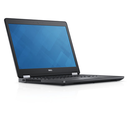 Black Dell laptop with blue screen on a white background