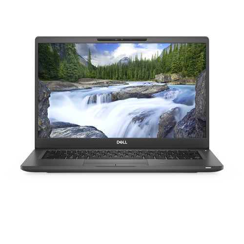 Laptop displaying a scenic wallpaper of a waterfall on a white background