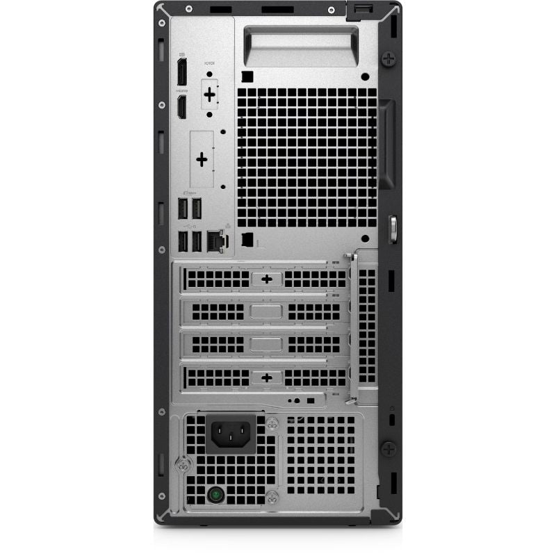 Back view of a computer tower with various ports and connectors on a white background