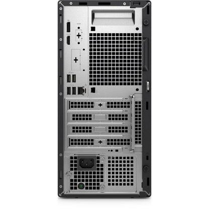 Back view of a computer tower with various ports and connectors on a white background