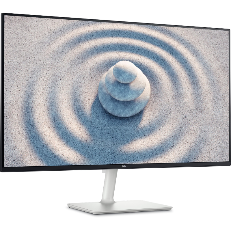 Monitor displaying a serene design with stacked stones and concentric circles on a white background