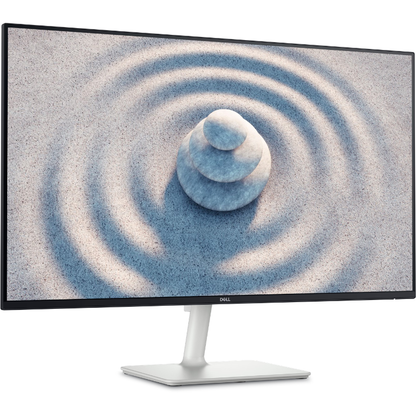 Monitor displaying a serene design with stacked stones and concentric circles on a white background
