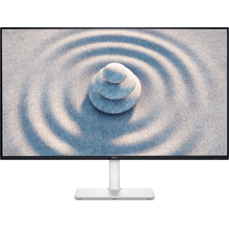Monitor displaying a minimalist design with two stones on sand