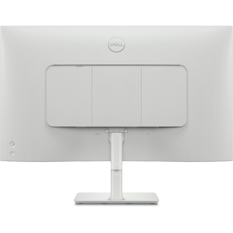 White Dell computer monitor with stand on a white background