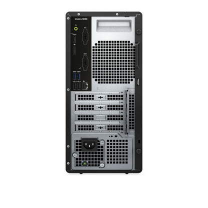 Back view of a computer tower with ventilation and connectivity ports on a white background