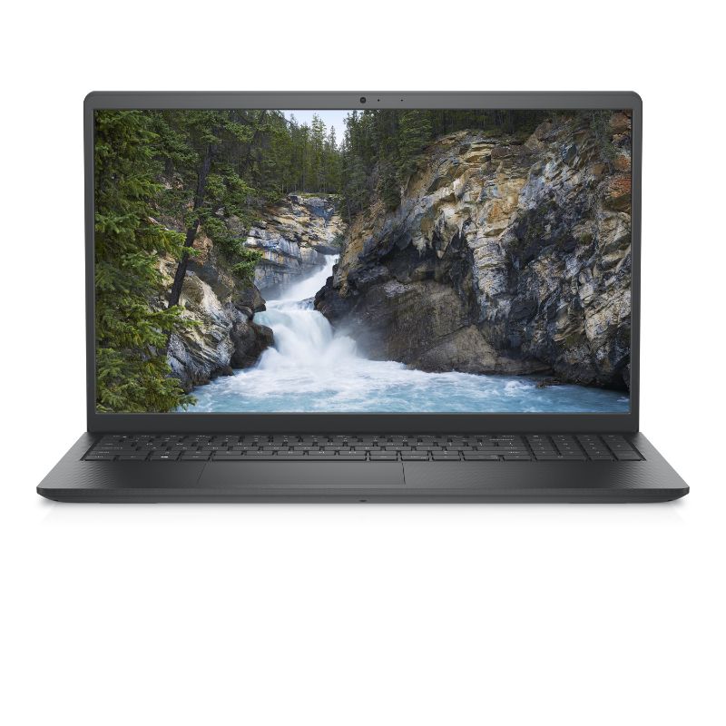 Laptop displaying a scenic wallpaper of a waterfall and forest on a white background