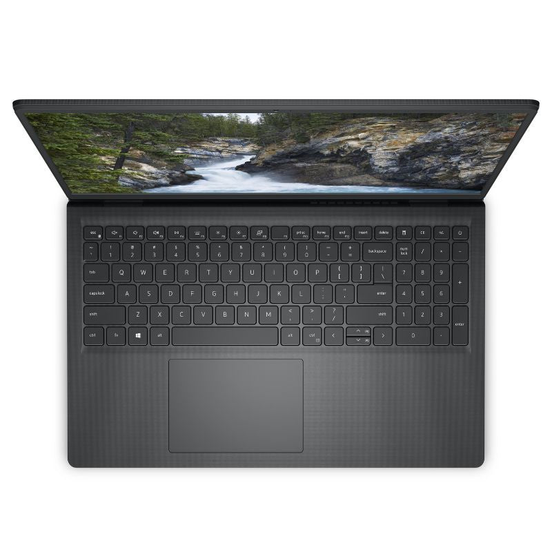 Black laptop with a scenic display on a white background