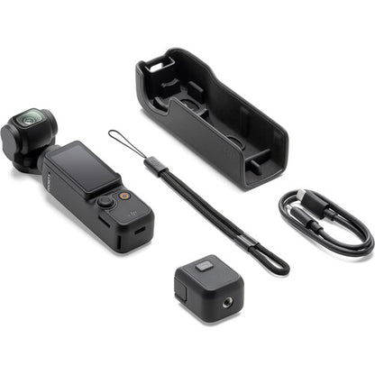 Set of black electronic devices including a camera, mount, and accessories on a white background
