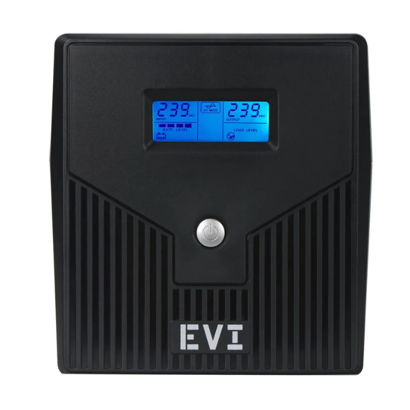 Black power supply unit with digital display and 'EVI' branding on a white background