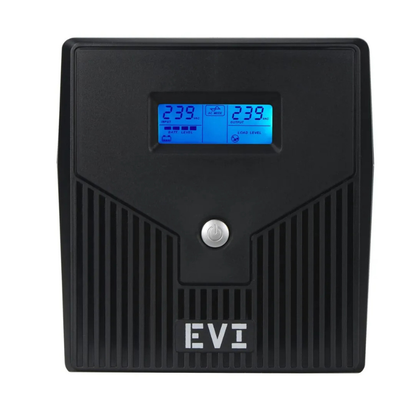 Black power supply unit with digital display and 'EVI' branding on a white background