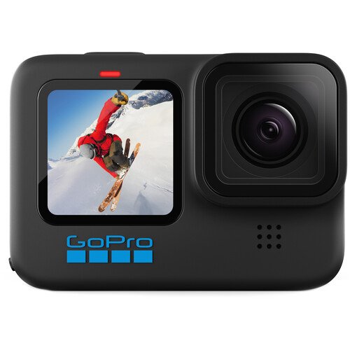 Black GoPro camera with a screen displaying a skier on a mountain, on a white background