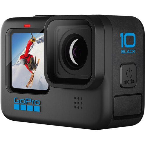GoPro Hero10 Black action camera with screen displaying a skier on a snowy slope.