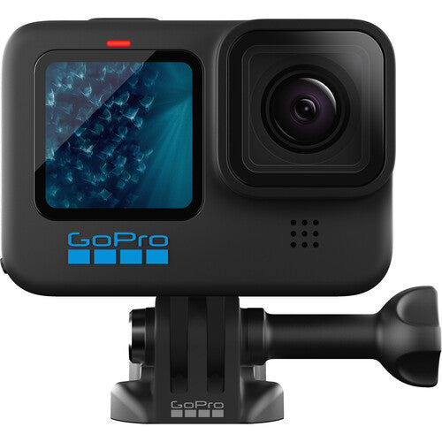 GoPro 11 action camera with screen and mount on a white background