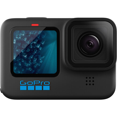 Black GoPro 11 camera with a screen displaying water, on a white background
