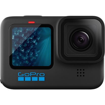 Black GoPro 11 camera with a screen displaying water, on a white background