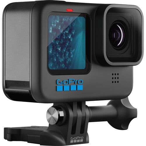 GoPro 11 action camera with screen displaying water on a white background