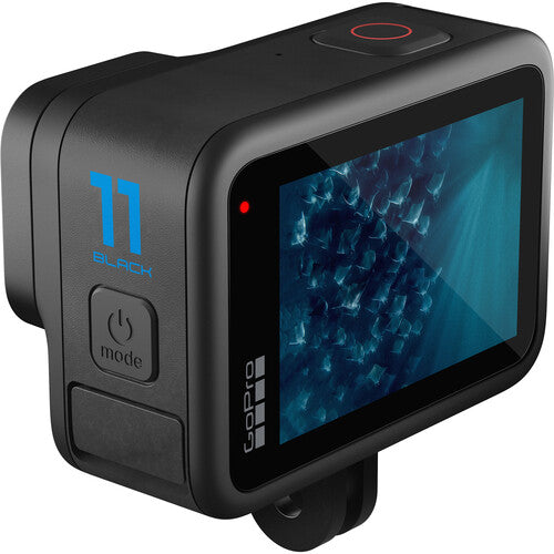 Black GoPro HERO11 Black
 with screen displaying blue graphic, brand 'GoPro' visible